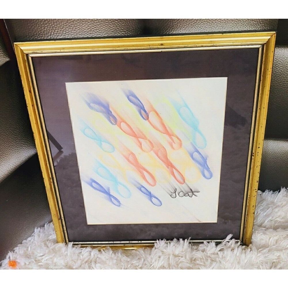 Framed watercolor abstract signed LCat painting